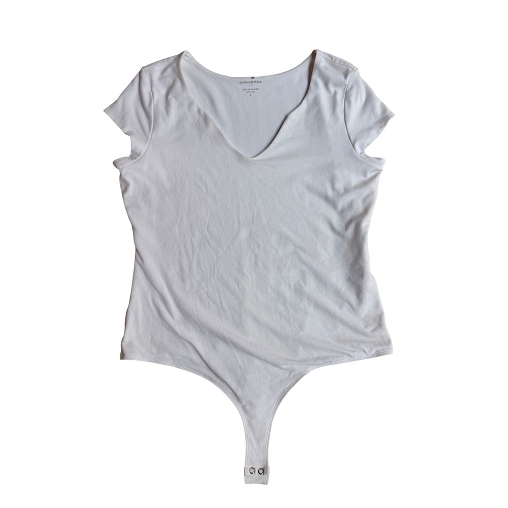 Banana Republic Soft Stretch Tee Bodysuit White V-Neck Cap Sleeve Large